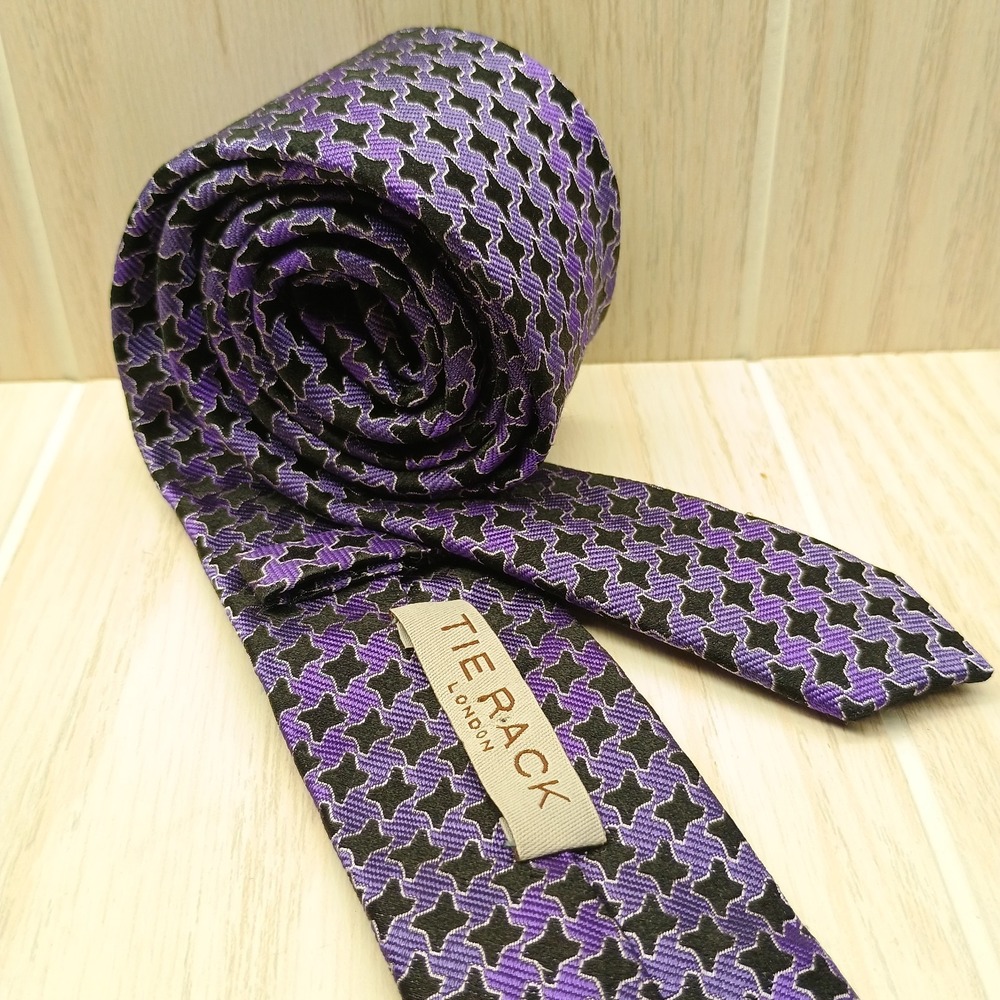 TIE‎ RACK LONDON Mens 100% Silk n Purple & Black Geometric Design W: 2" L: 58"